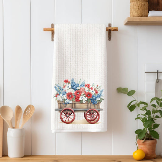 Patriotic Floral Gardening Wagon Tea Towel
