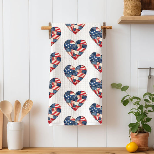 American Flag Faux Patchwork Heart Tea Towel