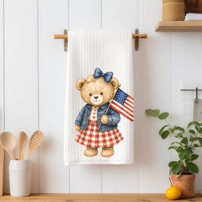 Patriotic Teddy Bear with Gingham Dress Tea Towel