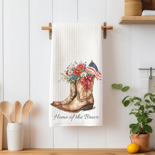 Patriotic Floral Cowboy Boots ‘Home of the Brave’ Tea Towel