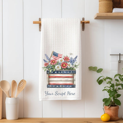 Patriotic Garden Box with Daisies Tea Towel - Personalize