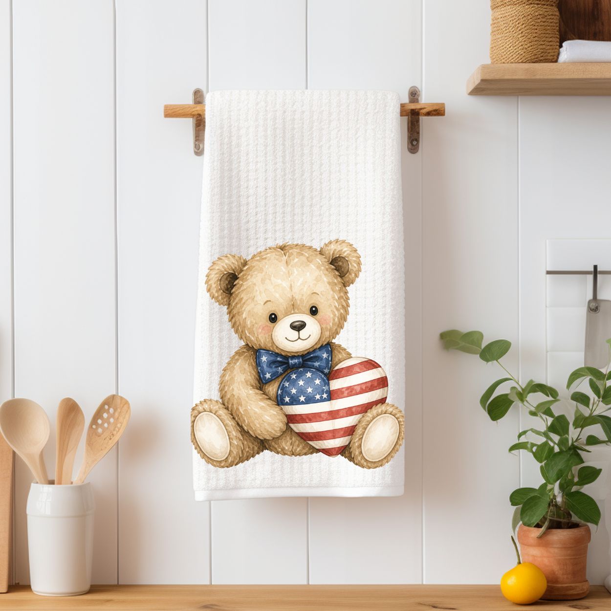 Patriotic Teddy Bear with American Flag Heart Tea Towel