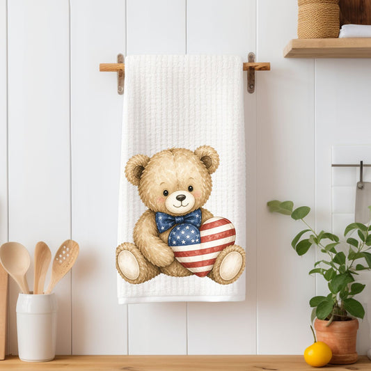 Patriotic Teddy Bear with American Flag Heart Tea Towel