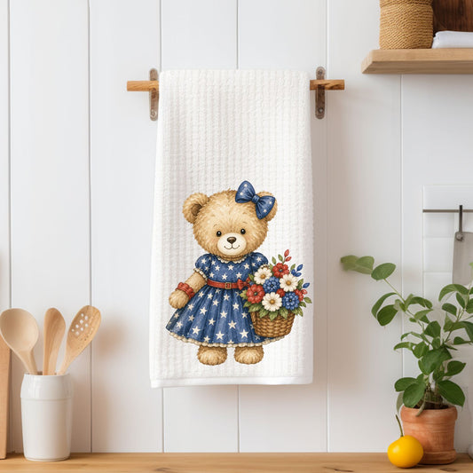 Patriotic Teddy Bear Girl with Floral Basket Tea Towel