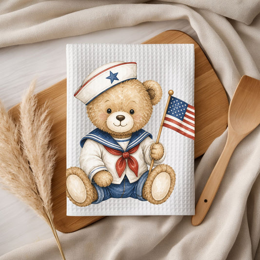 Patriotic Teddy Bear Sailor with Flag Tea Towel
