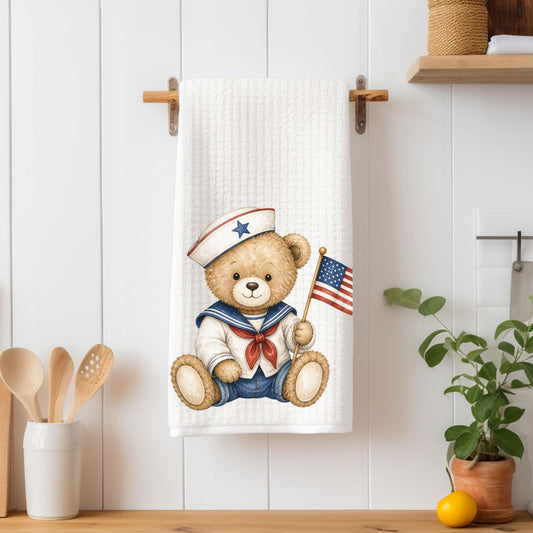 Patriotic Teddy Bear Sailor with Flag Tea Towel