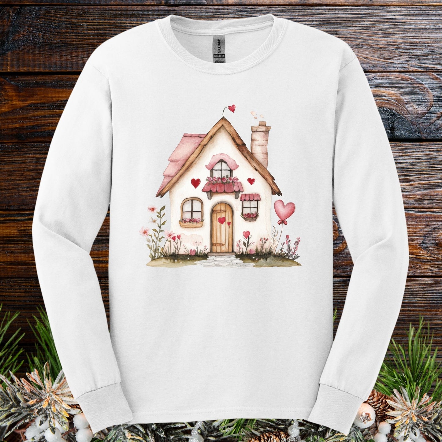 Cute Pink Valentine's Cottage Long Sleeve Tee