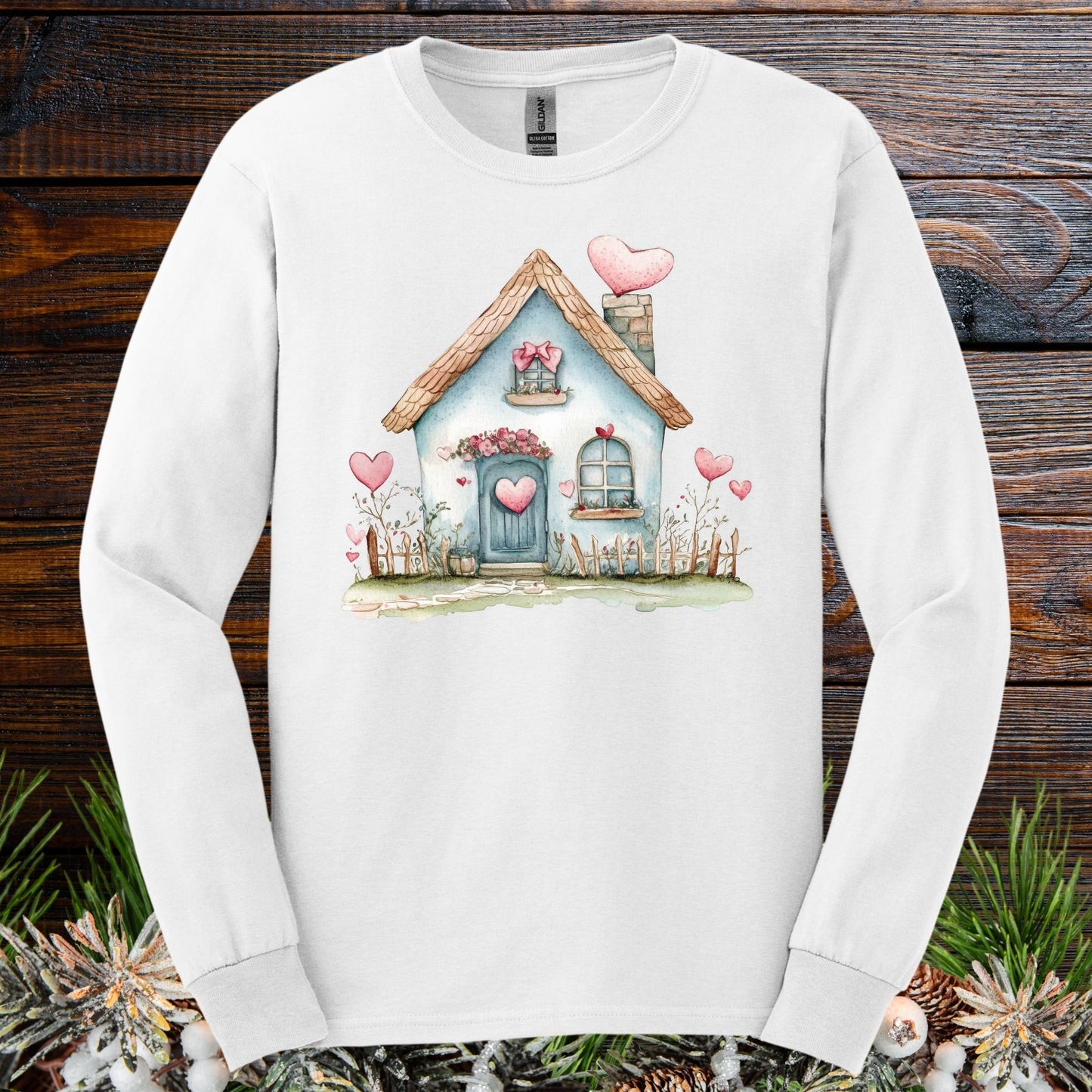 Cute Blue Valentine's Cottage Long Sleeve Tee