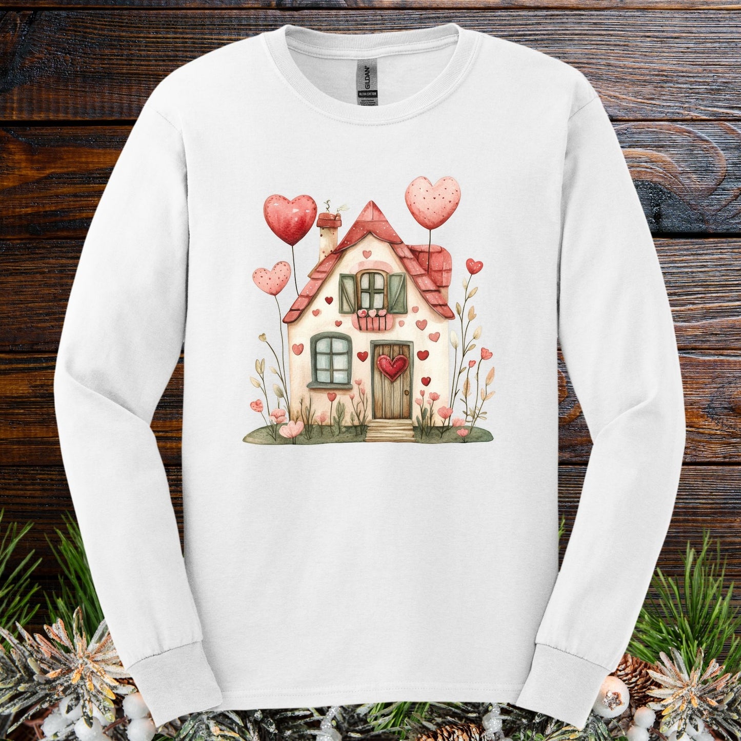 Sweet Pink and Green Valentine's Cottage Long Sleeve Tee