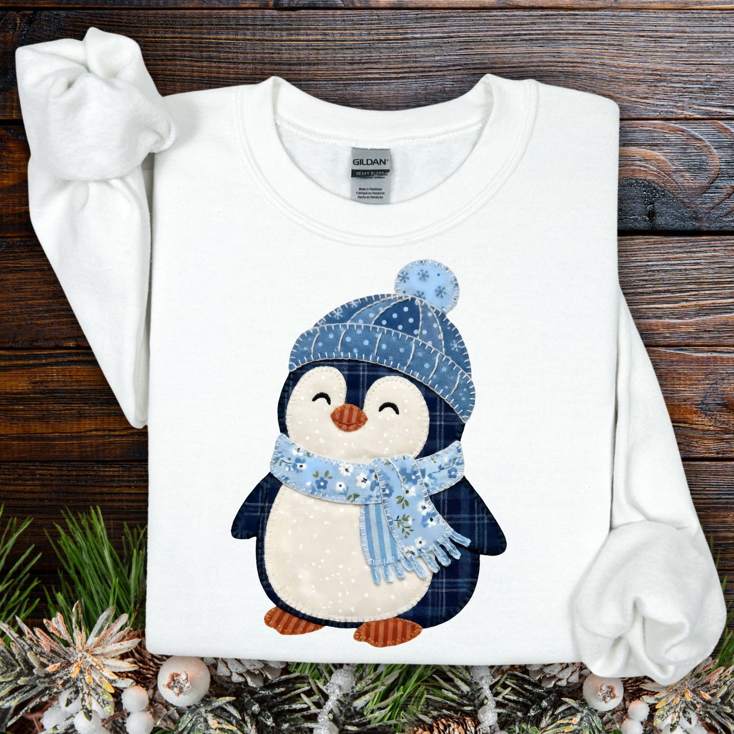 Cute Faux Patchwork Winter Penguin Sweatshirt